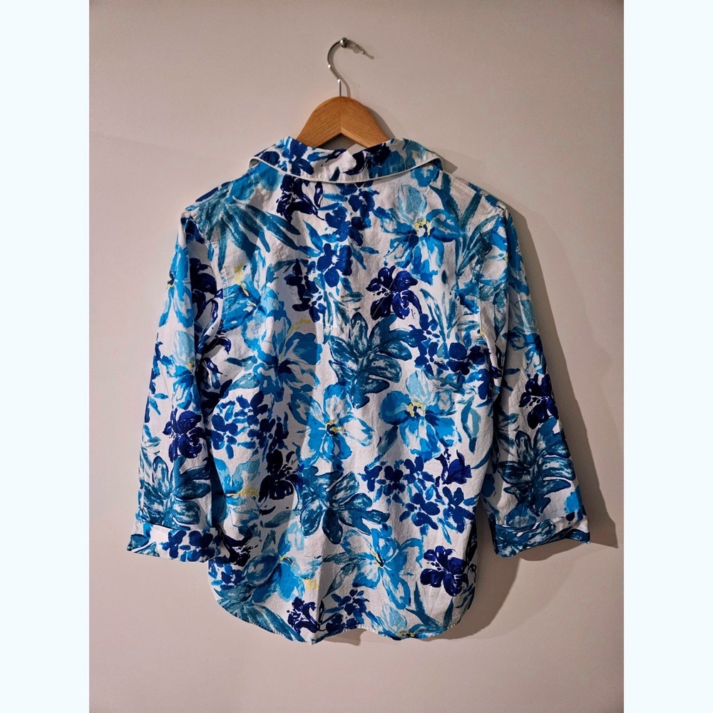 Lauren Ralph Lauren Pajama Set L Blue White Floral Cotton 3/4 Sleeve Capri PJs - Picture 3 of 9